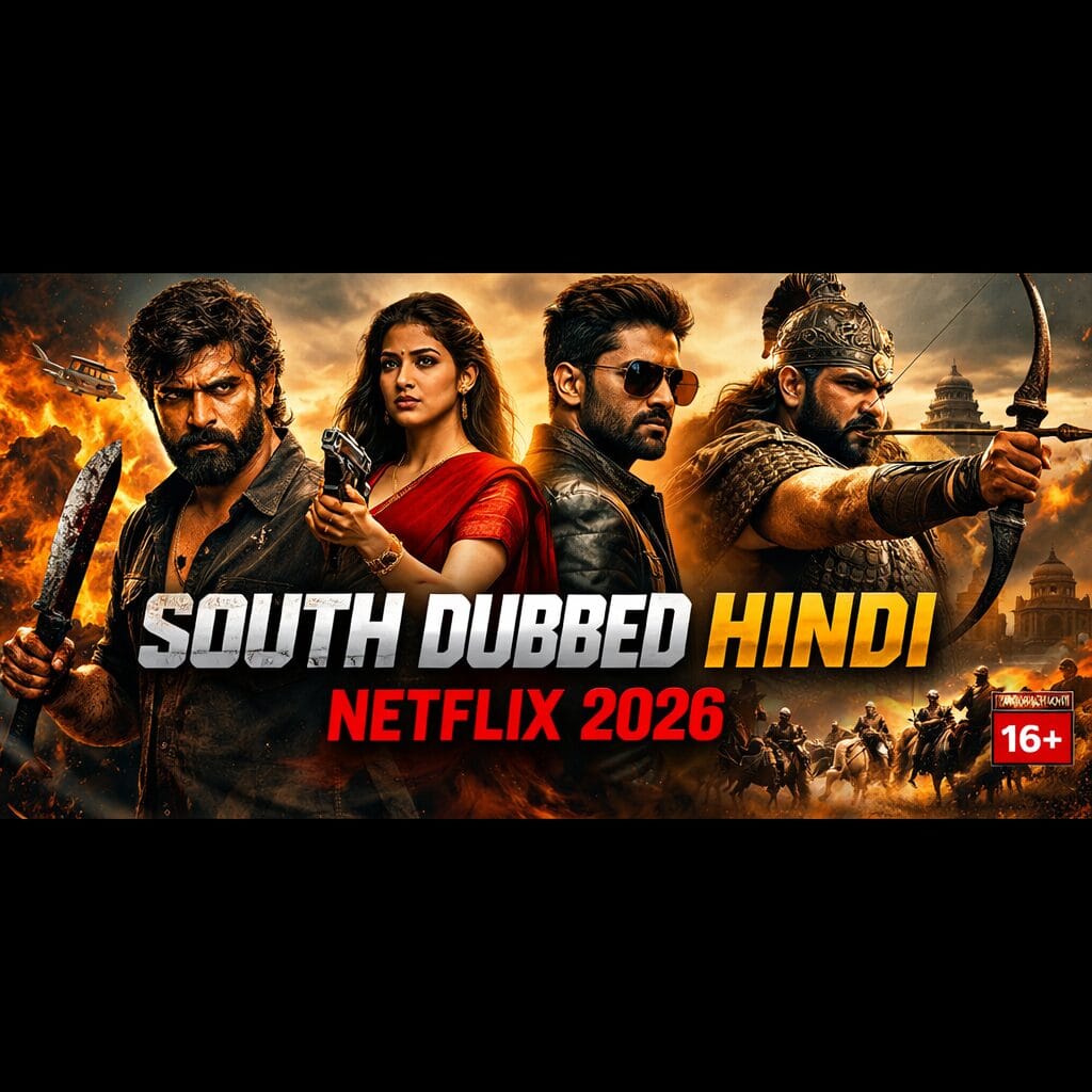 Four intense South Indian movie characters with weapons and dramatic background